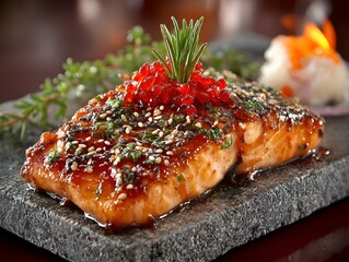 Delicious grilled salmon steak glazed with teriyaki sauce served on a stone plate at a fancy restaurant.