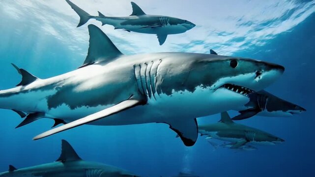 A group of great white sharks swimming together in the deep blue ocean water near the surface shark video