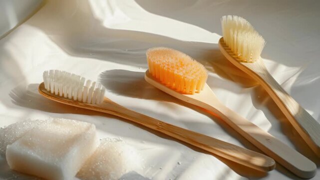 A collection of four different toothbrushes with bristles and three tubes of toothpaste sitting on a white surface.