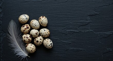 A small cluster of speckled quail eggs and a delicate white feather are arranged on a dark, textured slate background, offering ample copy space.