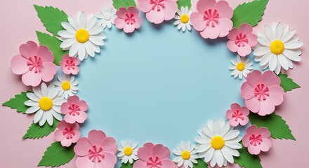 A top-down view of a charming circular frame crafted from delicate pink and white papercut flowers with green leaves, set against a split pastel blue and pink background.