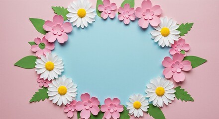 A vibrant circular papercut floral frame featuring pink blossoms, white daisies, and green leaves surrounds a light blue center on a soft pink background.