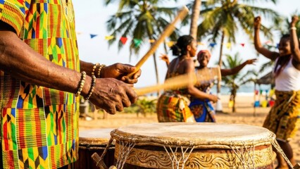 Close-up of hands playing a traditional African drum during a vibrant beach festival with dancing