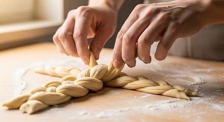 Hands braiding dough on wooden surface for traditional festive bread