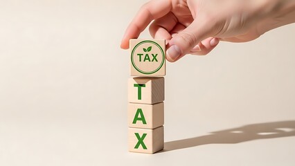 Hand placing wooden block with green leaf tax symbol on top of TAX word blocks, representing environmental taxation and sustainable finance.