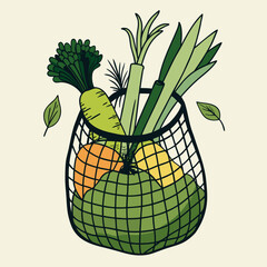 Hand-drawn illustration of fresh vegetables and fruits in a reusable mesh bag representing healthy eating and eco-friendly shopping perfect for organic food concepts