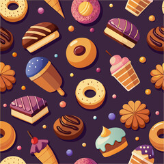 Seamless pattern of colorful cartoon desserts including donuts ice cream and cakes perfect for food packaging and graphic design