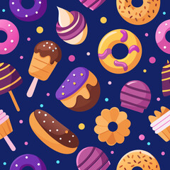 Seamless pattern of colorful donuts and ice cream flat vector illustration for sweet food design bakery and dessert concept