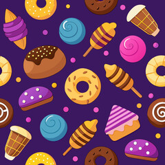 Seamless pattern of colorful cartoon candies and donuts sweet treats illustration for kids designs perfect for backgrounds and textiles