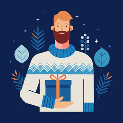 Man in a festive sweater holding a gift box winter holiday illustration with flat design elements and a dark blue background