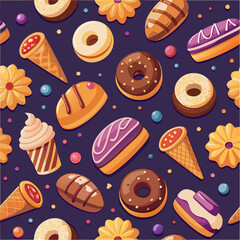 Seamless pattern of colorful donuts ice cream cones and cookies a sweet confectionery background for food packaging and dessert promotion