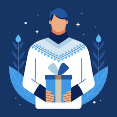Man holding a gift box wearing a festive sweater with winter foliage and stars perfect for holiday greetings and seasonal promotions