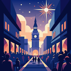 Vector illustration of a bustling city street at night with Big Ben clock tower and festive starry sky perfect for holiday or travel themes