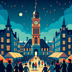 Nighttime town square with clock tower and market stalls bustling with people under a starry sky festive holiday illustration for city life and events