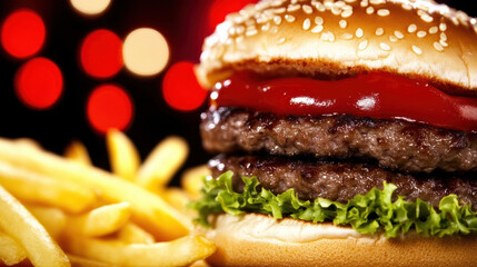 Double stacked cheeseburger with lettuce and fries, juicy savory comfort food indulgence