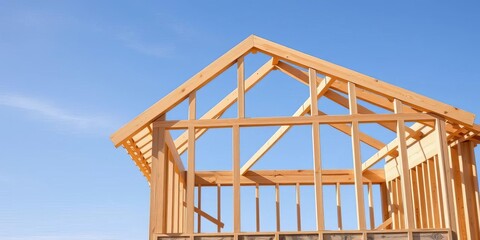 Obraz premium Partial house frame against a clear sky, showing active construction phase with wood beams and exposed structure, raw materials, residential