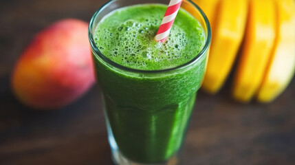 Fresh green smoothie with banana and mango, bright healthy drink