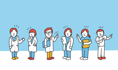 案内・紹介・解説する医師・医療従事者たちのイラスト