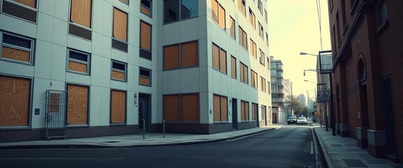Obraz premium Empty office building, boarded windows, desolate street, decline, financial crisis