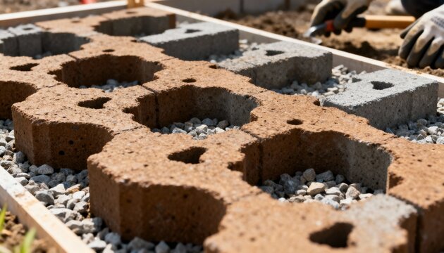 Closeup of porous concrete blocks being placed carefully to create a permeable surface conducive to groundwater recharge.