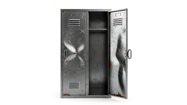 Open metal school locker showing shelves and hinges with a distressed finish