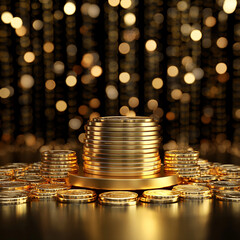 輝く金貨の背景とゴールドのポディウム。被写界深度のあるラグジュアリーな投資ビジネス用3D素材。 (Gold podium with shining gold coins background. Luxury 3D material with depth of field for investment business.)