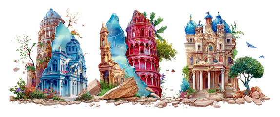 Fototapeta premium Miniature Diorama of Apocalyptic Ruins Encapsulated in Vibrant Landscape