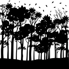 Flat Vector Autumn Forest with Falling Leaves and Warm Tones.