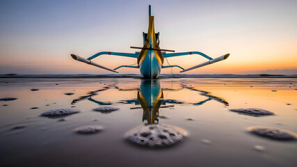 Colorful boat hull reflecting in shallow tide water during Fishing Boat Lombok Beach Sunset with atmospheric mood