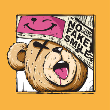 A playful hand-drawn vector of a sleepy teddy bear hidden beneath a bold &ldquo;NO FAKE SMILE&rdquo; newspaper