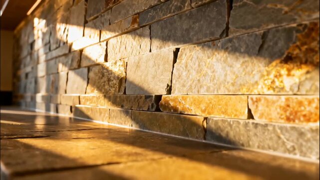 Golden Hour Sunlight Illuminating Textured Stone Wall and Reflective Surface