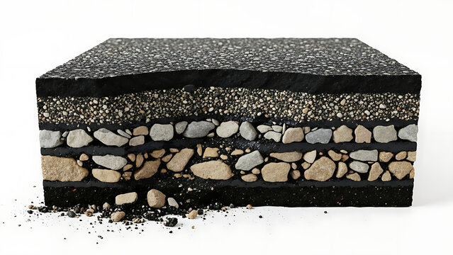 Cross-section of asphalt pavement layers showing construction and material detail