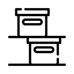 Two boxes on shelves represent storage organizing and decluttering concepts. Suitable for lifestyle blogs, home improvement articles, and professional organizing services.  © ALga Icon Stockers