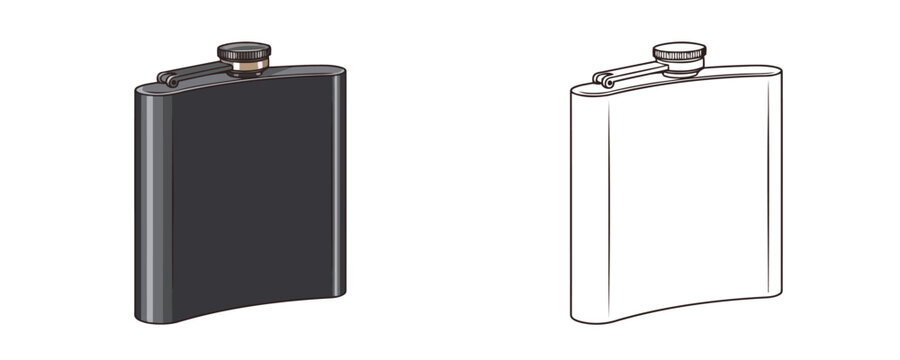 Vector illustration of a minimal hip flask or pocket bottle with a secured cap in two styles a dark gray colored version and a black and white outline drawing