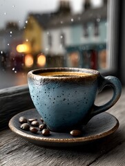 A blue ceramic cup and saucer glowing warmly against a blurred snowy evening city backdrop
