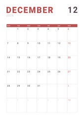 Monthly page Calendar Planner Template design of December 2026. Vector layout of calendar with week start Monday for Scheduling. Page for size A4 or 21x29.7 cm