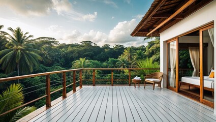 Fototapeta premium Luxury tropical villa balcony with jungle view and comfortable seating