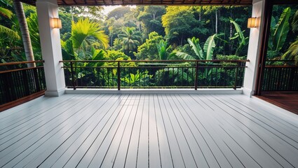 Fototapeta premium Balcony overlooking lush tropical rainforest with vibrant green foliage and palm trees