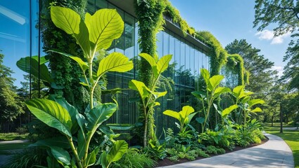 Obraz premium Modern building with lush green vertical garden and surrounding parkland on a sunny day