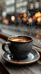 A handmade mug of hot coffee placed on a wooden ledge overlooking a quiet snowy winter street