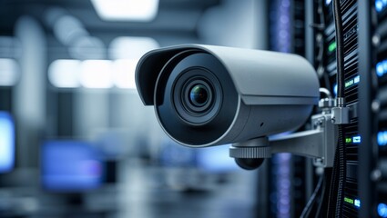 Security camera mounted in a modern server room with blinking lights