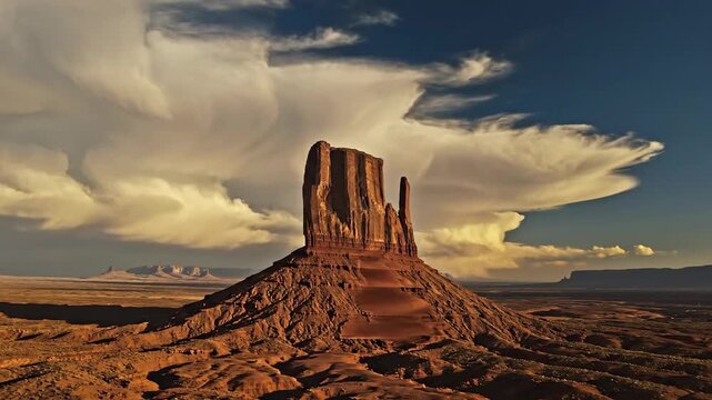A solitary mesa stands etched against a vast cloud-strewn desert sky in Monument Valley, evoking awe and the power of nature.
