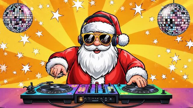 Cartoon santa claus dj mixing music with a disco ball and animated background