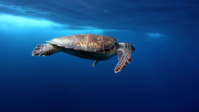 Green sea turtle swimming gracefully underwater in deep blue ocean side view