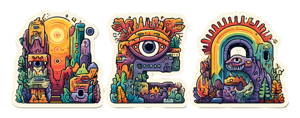 Fototapeta premium Vibrant Neon Stickers Featuring Unique Artistic Designs of Surreal Landscapes