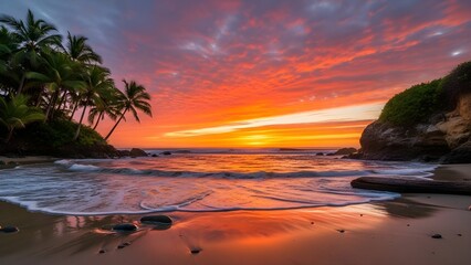 The sky is ablaze with vibrant orange, red, and yellow hues, reflected beautifully on the wet sand and gentle waves. Palm trees silhouette the left side, and a rocky cliff frames the right.