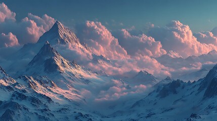 Dreamy cinematic hills floating in morning mist image illustration