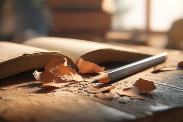 Writing notes with a pencil on a wooden table beside an open book and pencil shavings during daylight hours