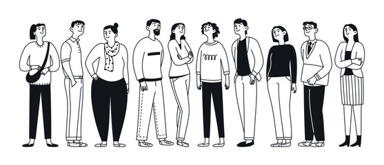 A diverse group of doodle people smiling together. Mixed gender. Happy faces in a group. Teamwork, team building. Vector line illustration