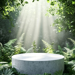 柔らかな木漏れ日と新緑に包まれた白い石のポディウム。明るくクリーンなオーガニック商品展示用3D背景。 (White stone podium wrapped in soft sunbeams and fresh green. Bright and clean 3D background for organic product display.)